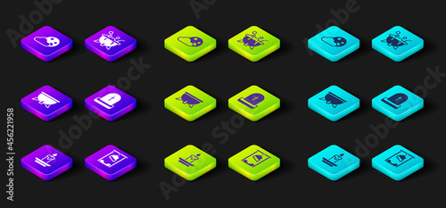 Set Burning candle, Guillotine, Halloween witch cauldron, Tombstone with RIP written, and Moon stars icon. Vector