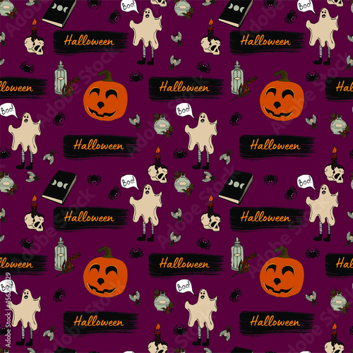 Halloween seamless pattern. Potion doodle and wiccan symbols, flies, spiders and skull, ghosts and brush strokes