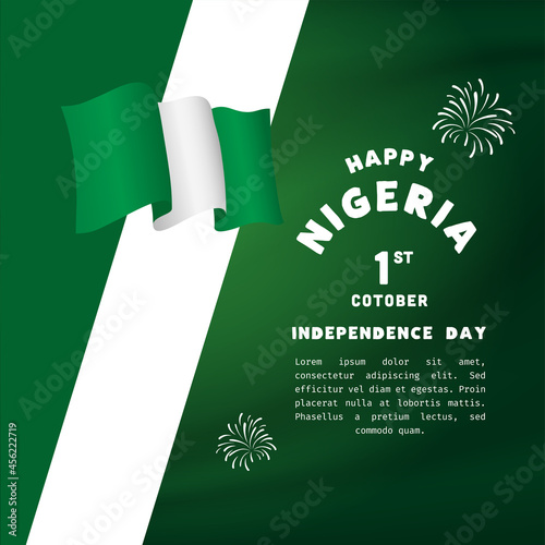Square Banner illustration of Nigeria independence day celebration. Waving flag and hands clenched. Vector illustration.