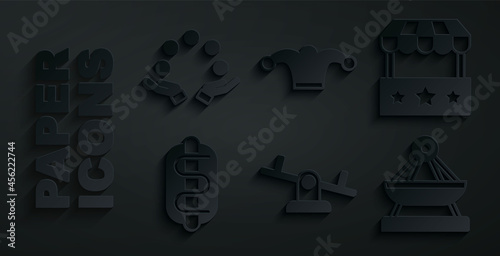 Set Seesaw, Ticket box office, Hotdog sandwich, Boat swing, Jester hat with bells and Juggling ball icon. Vector