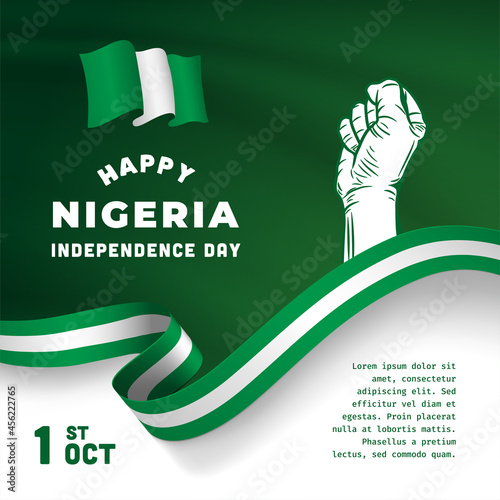 Square Banner illustration of Nigeria independence day celebration. Waving flag and hands clenched. Vector illustration.