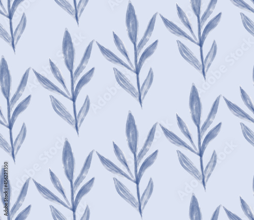 Delicate retro watercolor textured winter floral seamless pattern with frozen tree branch with leaves. Vintage navy blue plant watercolour silhouette on light blue backdrop