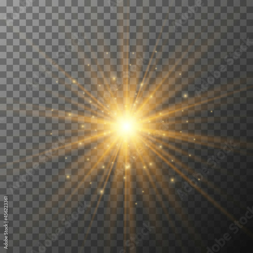 Realistic starburst lighting with sparkling particles. Yellow sun rays and glow on transparent background. Glowing light burst explosion. Flare effect decoration with ray sparkles. Vector illustration