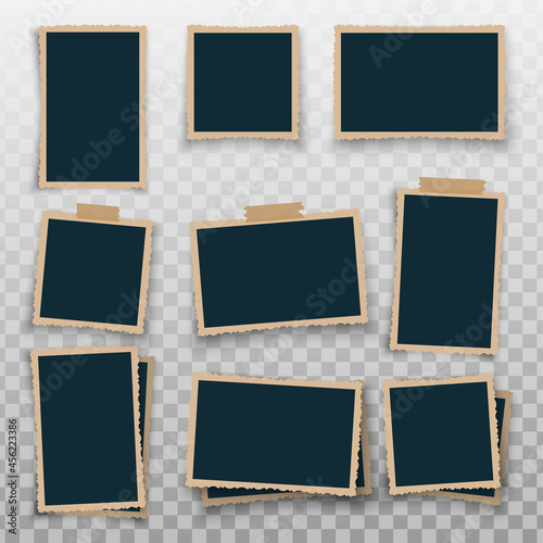 Vintage photo frame with retro figured edges on piece of sticky and placed one over another. Template photo design. Old photo cards set isolated on transparent background. Vector illustration