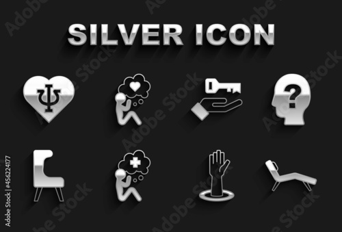 Set Helping hand, Head with question mark, Armchair, Solution to the problem, Psychology, Psi and heart icon. Vector