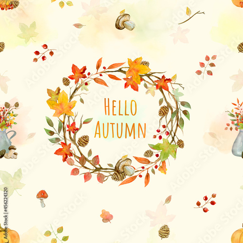 Wallpaper Mural Hello, Autumn - Autumn watercolor seamless pattern with pumpkins and autumn treasures on light yellow background. For Thanksgiving card or wrapping. Torontodigital.ca