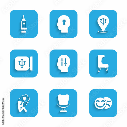 Set Solution to the problem, Armchair, Comedy and tragedy masks, Head with heart, Psychology, Psi, and Addiction drug icon. Vector