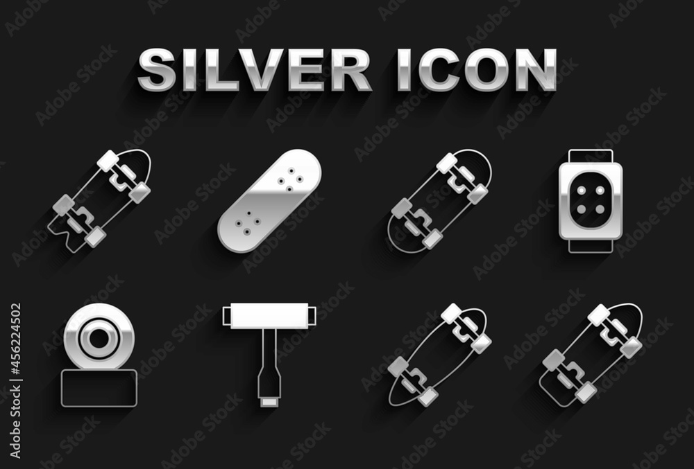 Set Skateboard T tool, Knee pads, Longboard or skateboard, wheel, and icon. Vector