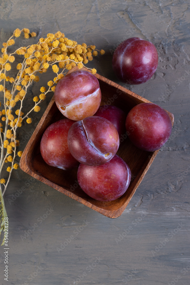 Obraz premium fresh purple plums in a wooden plate on a dark brown slate, stone or concrete background. top view with space to copy. the concept of proper nutrition. branches of yellow mimosa
