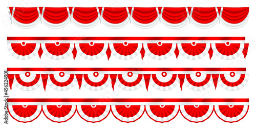 Vector red and white traditional silk ribbons and hanging drapery decoration elements for Indonesian public holidays and Independence Day, seamless horizontal patterns set