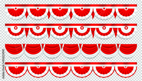 Red and white vector realistic silk ribbons holiday decorations for Independence Day in colours of national flags of Indonesia, Poland, Singapore, Denmark, Monaco, Peru, Georgia, Austria and Tunisia