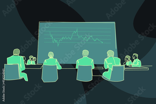 continuous line drawing of a business presentation during a team meeting, working concept vector illustration.