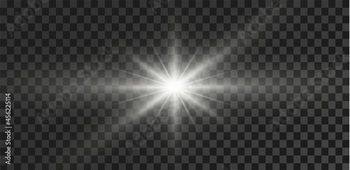 Shining stars isolated on a transparent white background. Effects, glare, radiance, explosion, white light, set. The shining of stars, beautiful sun glare. Vector illustration.