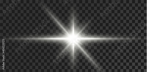 Shining stars isolated on a transparent white background. Effects, glare, radiance, explosion, white light, set. The shining of stars, beautiful sun glare. Vector illustration.