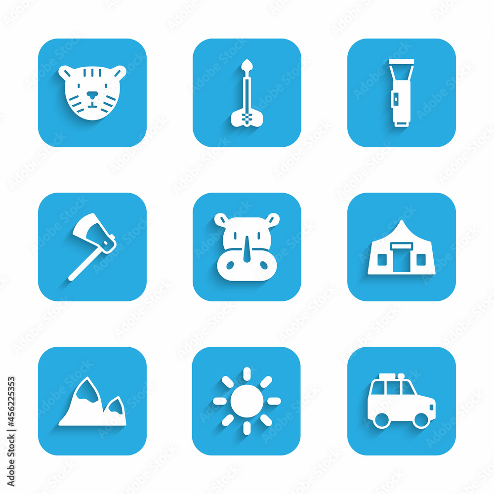Set Rhinoceros, Sun, Car, Tourist tent, Mountains, Wooden axe, Flashlight and Tiger head icon. Vector Set Rhinoceros, Sun, Car, Tourist tent, Mountains, Wooden axe, Flashlight and Tiger head icon. Vector