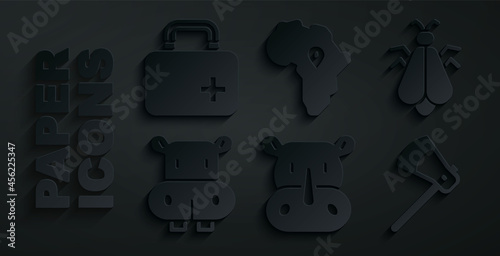 Set Rhinoceros, Mosquito, Hippo or Hippopotamus, Wooden axe, Map of Africa and First aid kit icon. Vector
