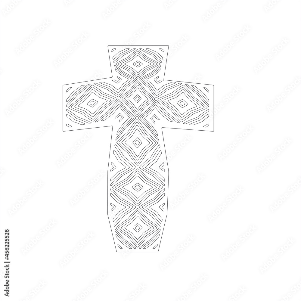 cross with black and white patterns on a white background. 
Repeating geometric pattern from striped elements. 