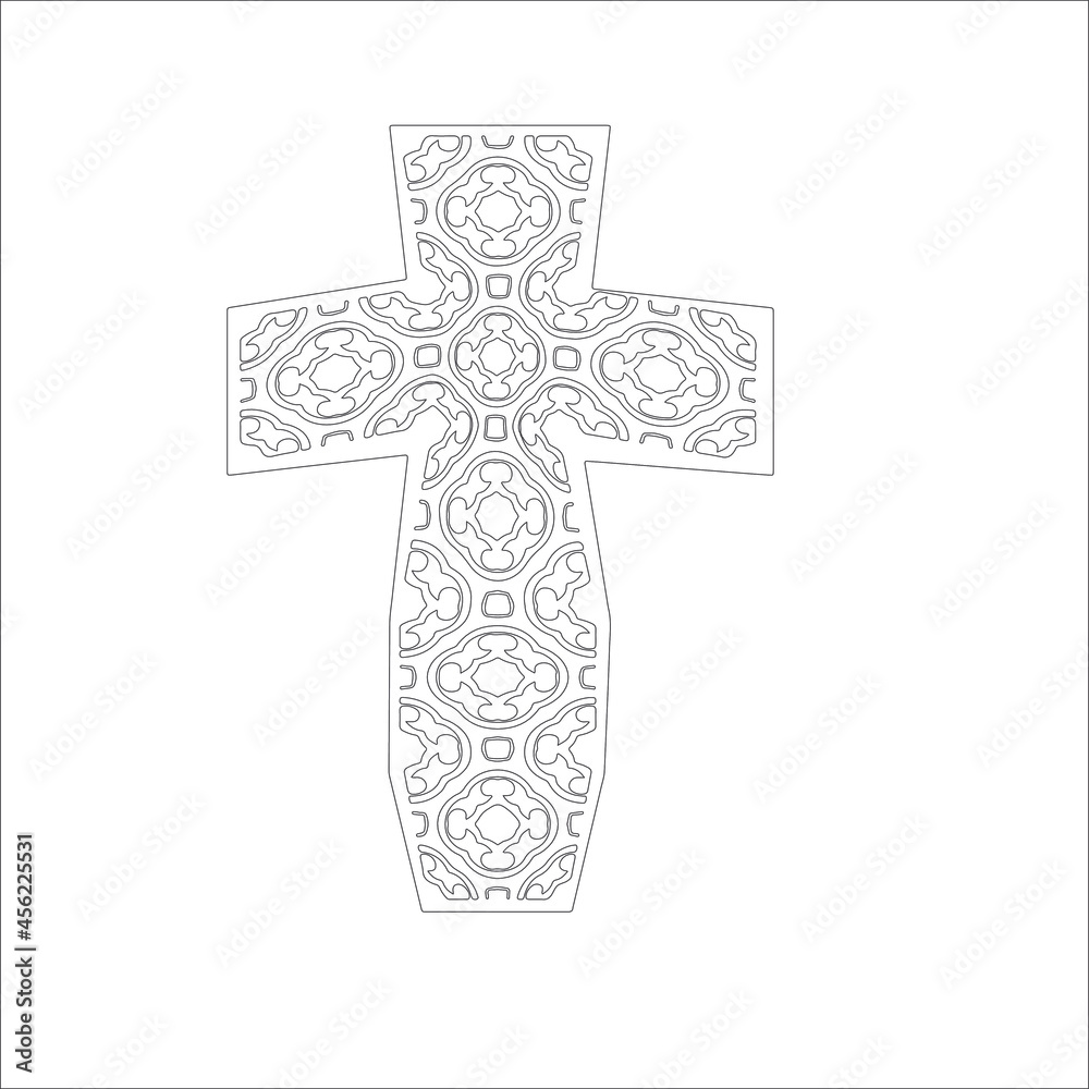 cross with black and white patterns on a white background. 
Repeating geometric pattern from striped elements. 