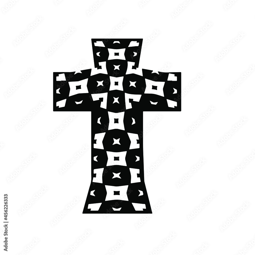 cross with black and white patterns on a white background. 