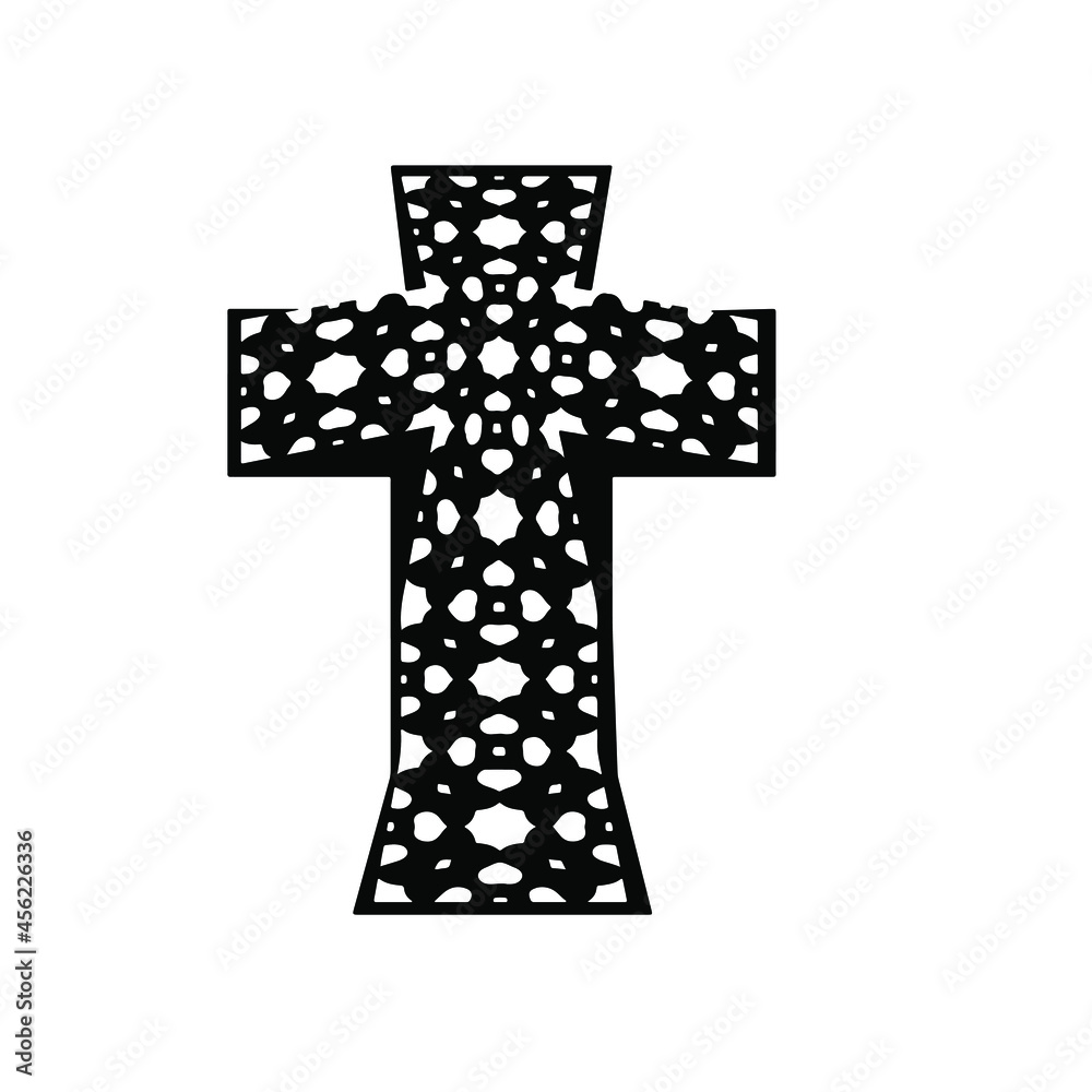 cross with black and white patterns on a white background. 