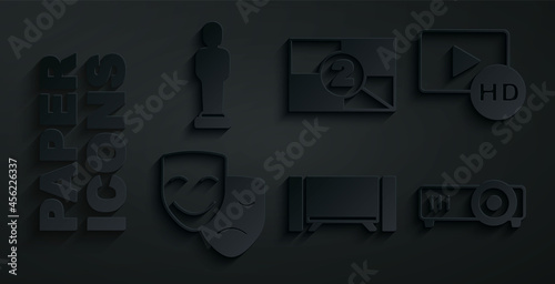 Set Smart Tv, Hd movie, tape, frame, Comedy and tragedy masks, Movie, film, media projector, Old countdown and trophy icon. Vector
