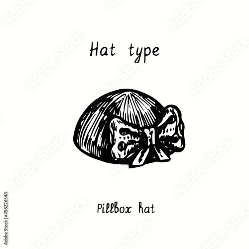 Hat type, Pillbox. Ink black and white drawing outline illustration