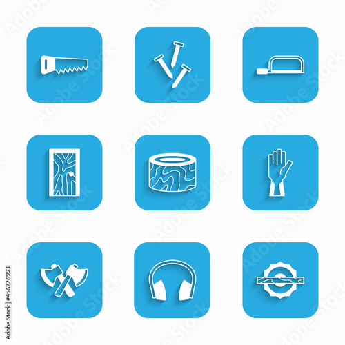 Set Tree stump, Headphones, Electric circular saw, Protective gloves, Wooden axe, Closed door, Hacksaw and Hand icon. Vector