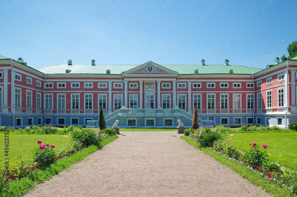 Moscow, Russia - June 17, 2021: View of the Palace of Count Sheremetev from the French Regular Park in the Kuskovo Estate 