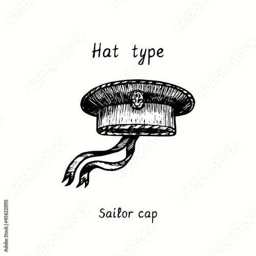 Hat type, Sailor cap with ribbons. Ink black and white drawing  illustration