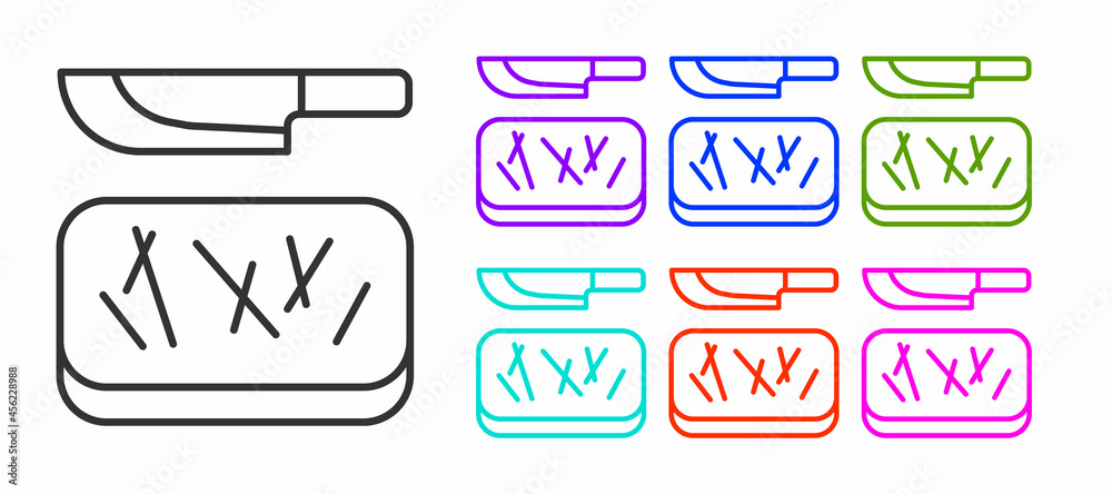 Black line Cutting board and knife icon isolated on white background. Chopping Board symbol. Cutlery symbol. Set icons colorful. Vector Black line Cutting board and knife icon isolated on white background. Chopping Board symbol. Cutlery symbol. Set icons colorful. Vector