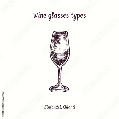 Wine glasses types collection, Zinfandel, Chianti. Ink black and white doodle drawing in woodcut style.