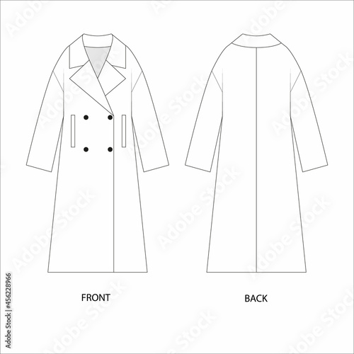 Double-breasted coat technical drawing. Long coat vector. Overcoat template for design. 