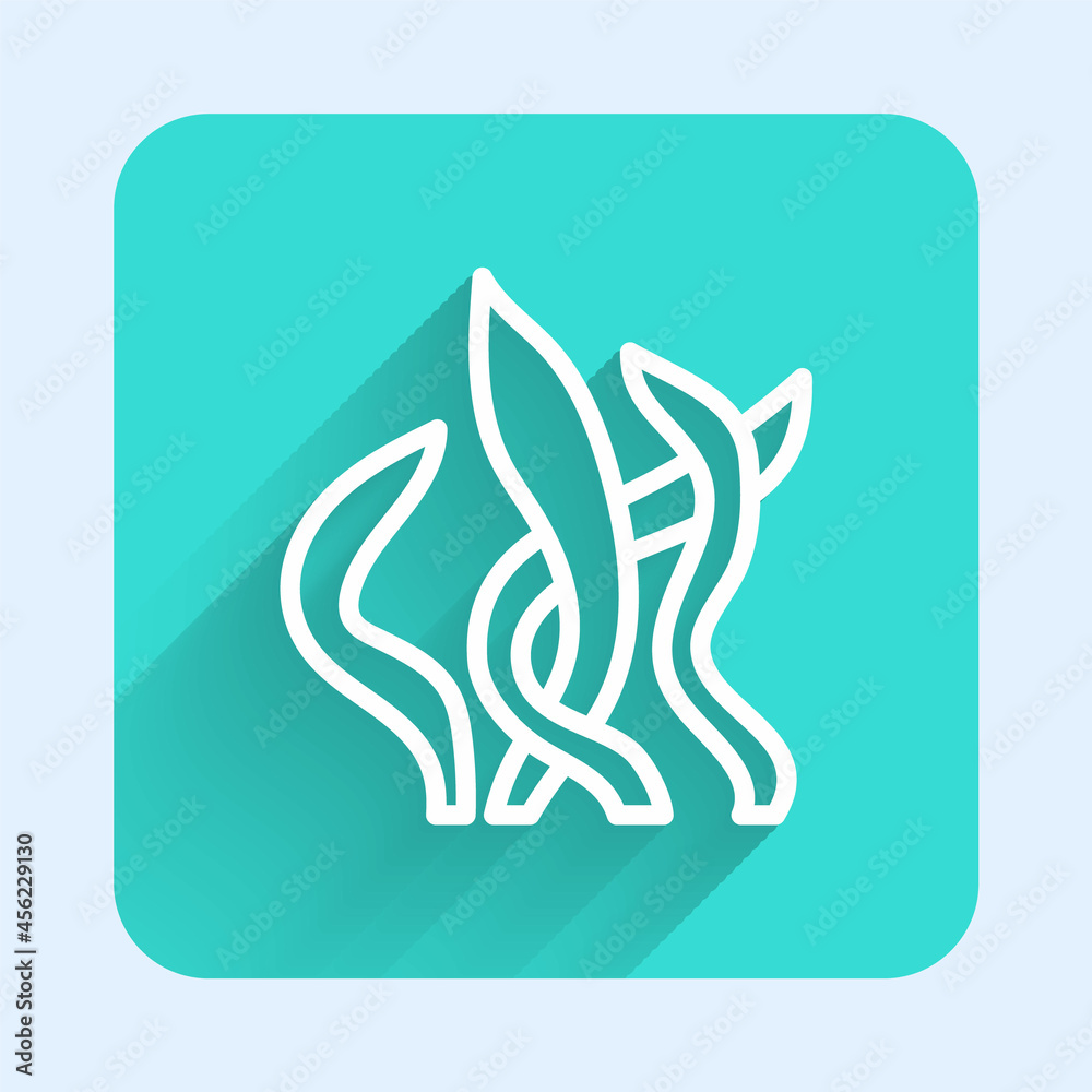 White line Seaweed icon isolated with long shadow. Underwater seaweed spirulina, aquatic marine algae plant. Vegan and vegetarian food. Green square button. Vector