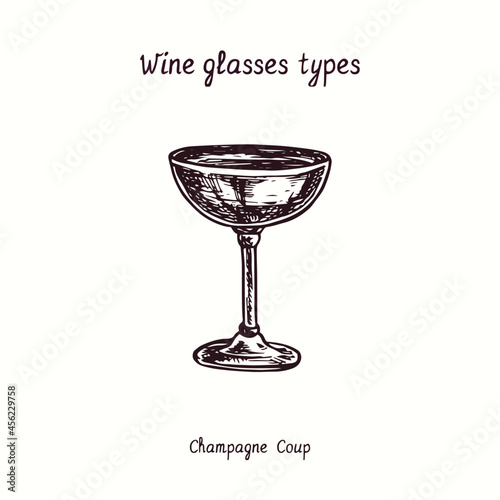 Wine glasses types collection, Champagne Coup. Ink black and white doodle drawing in woodcut style. photo