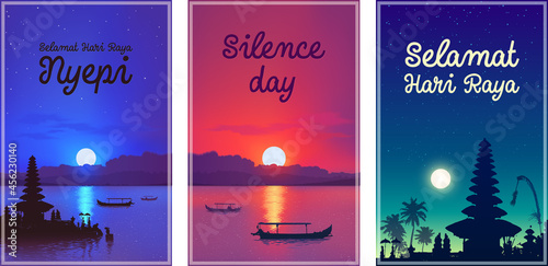 Balinese Nyepi day vector posters set with signs in Indonesian language "Selamat Hari Raya" (Happy New Year). Bali island traditional celebration design templates.