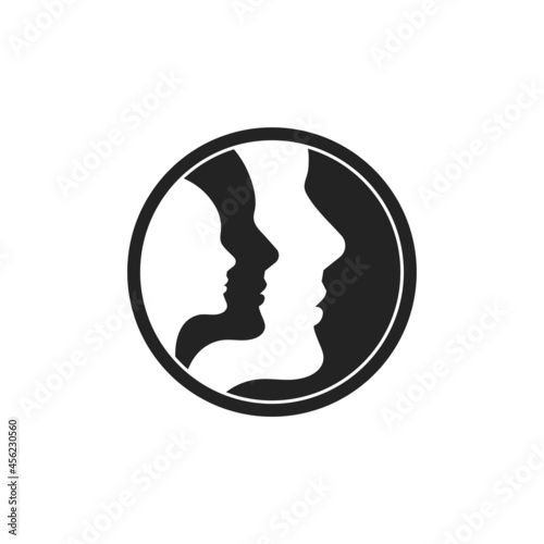 Three human logo profiles. Psychology sign. Group therapy logo