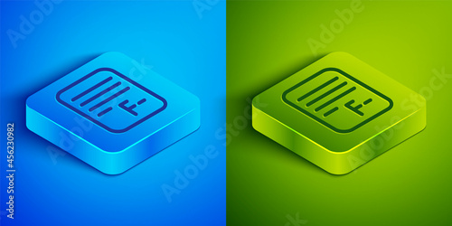 Isometric line Exam paper with incorrect answers survey icon isolated on blue and green background. Bad mark of test results. Square button. Vector