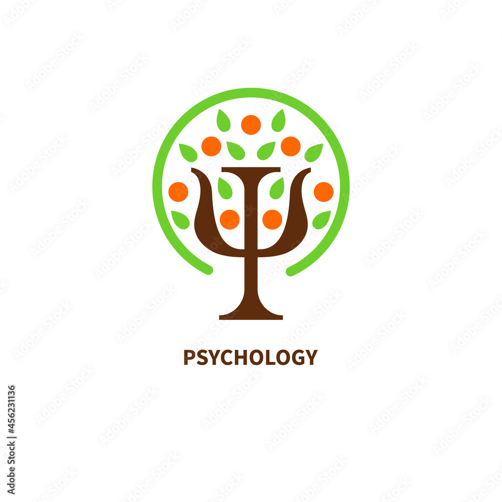 Letter psi in shape of apple tree with leaves and fruits. Psychology