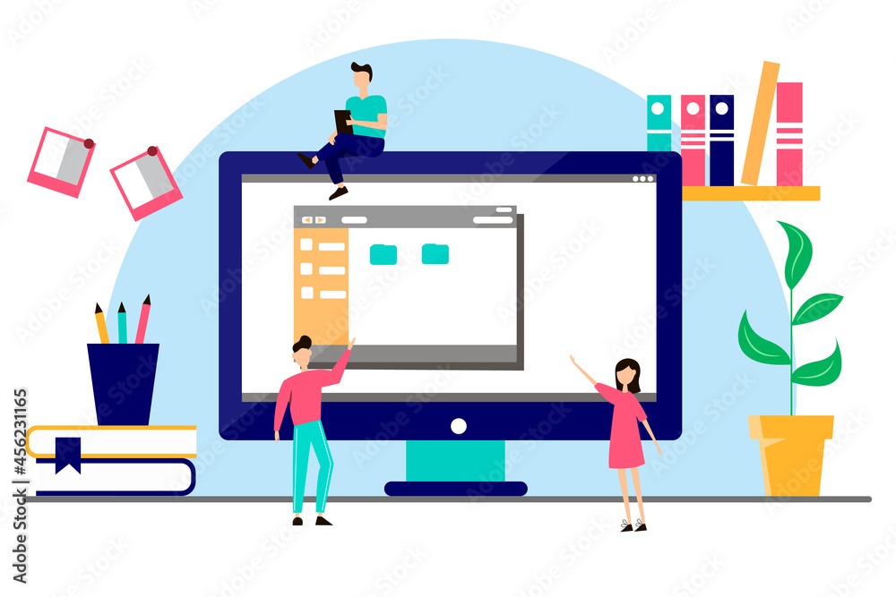 The concept of e-learning banner. Computer screen with a folder, books, pencils and small people on the table. Modern illustration for website.