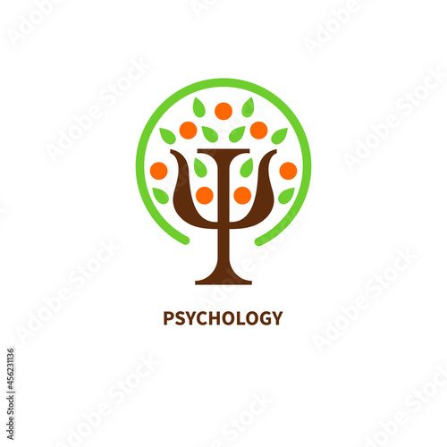 Letter psi in shape of apple tree with leaves and fruits. Psychology symbol
