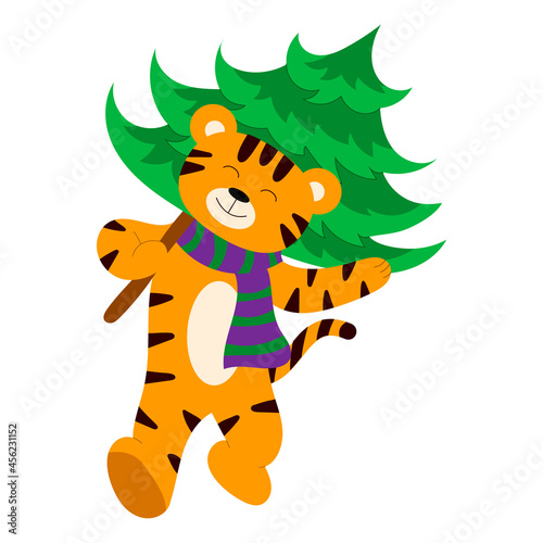 cartoon illustration for children. a tiger carries a Christmas tree. vector isolated on a white background.