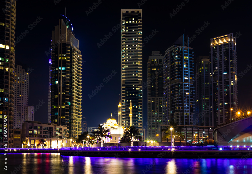 Fototapeta premium View of the night skyscrapers. High hotels on the seaside.