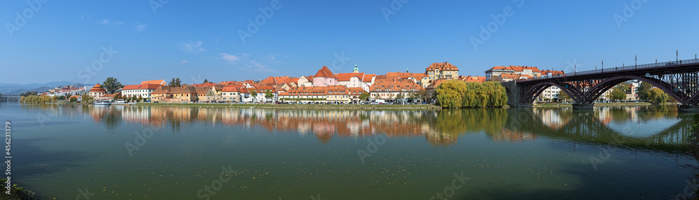 Maribor, Slovenia. Panorama of historical part of the city from the shore of Drava river. Maribor is the second-largest city in Slovenia and the largest city of the traditional region of Lower Styria.