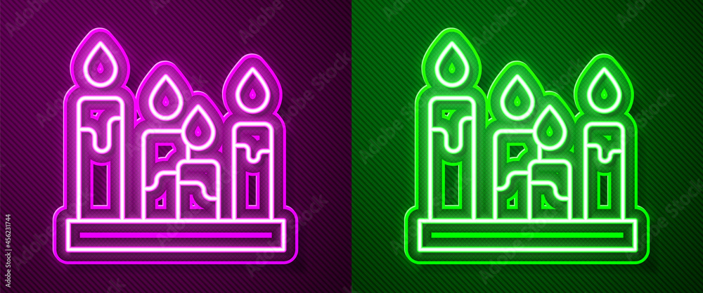 Glowing neon line Burning candle icon isolated on purple and green background. Cylindrical aromatic candle stick with burning flame. Happy Halloween party. Vector Glowing neon line Burning candle icon isolated on purple and green background. Cylindrical aromatic candle stick with burning flame. Happy Halloween party. Vector