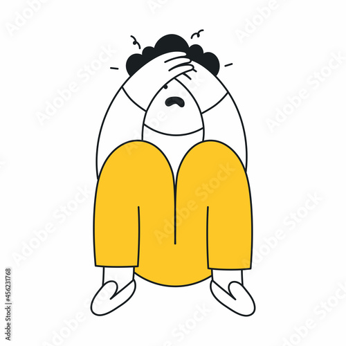 Fear, young girl covered her face with fear. Panic attack, self-protection from horror and problems, anxiety, stress, emotion concept. Thin line elegant vector illustration on white.
