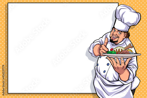 good chef thumb up carrying food and white blank board for menu