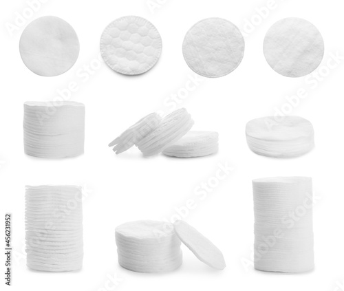Set with soft cotton pads on white background photo