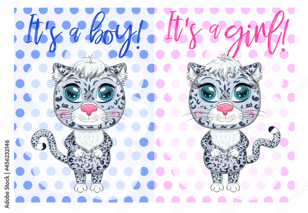 Fototapeta premium Cartoon snow leopard with expressive eyes among flowers, hearts, decorative elements. Wild animals, character, childish cute style.