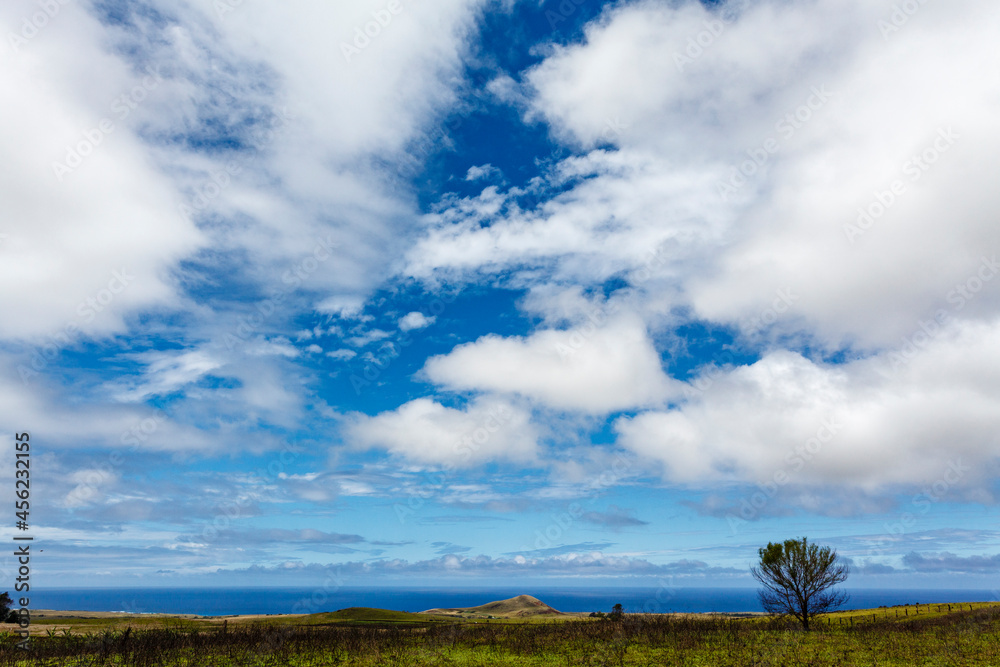 Easter Island (Rapa Nui or Isla de Pascua) landscape with the Pacific Ocean in the background, Chile