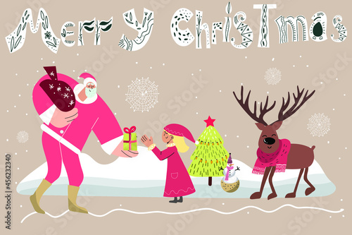 Christmas card Santa Claus gives a girl a gift, Christmas deer, snowman, herringbone, lettering Merry Christmas.